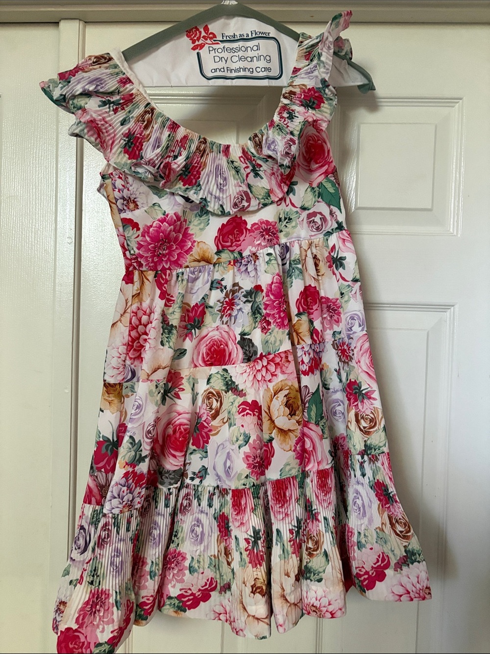 Marlow Floral Ruffle One-Shoulder Dress - Pink, Green, Cream